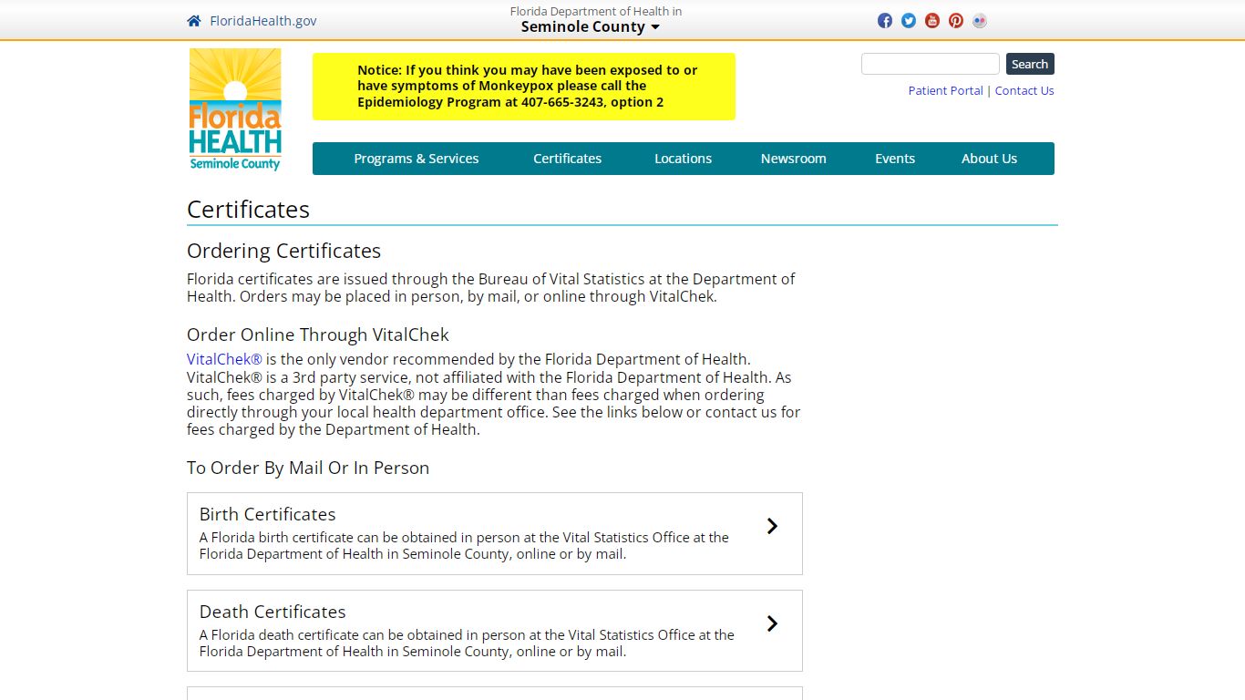 Certificates | Florida Department of Health in Seminole